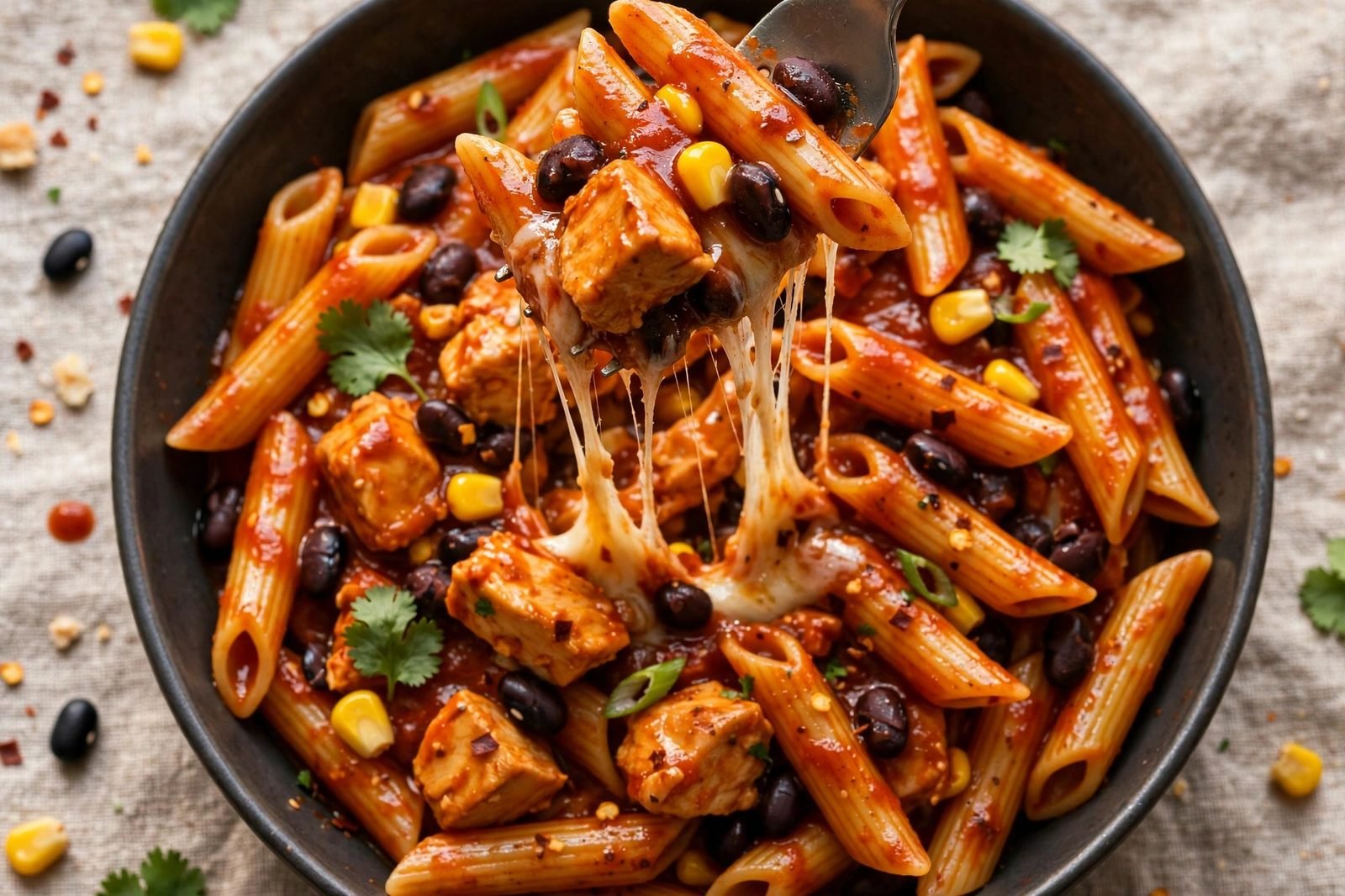 Overhead close-up of a serving: penne coated in red sauce with chicken, beans, melted cheese pull.