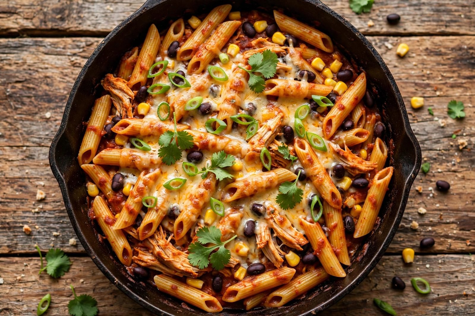 Overhead of the finished pot: penne in red enchilada sauce with chicken pieces, black beans, corn, melted cheese, green onions, cilantro, in a dark skillet on a wooden table.