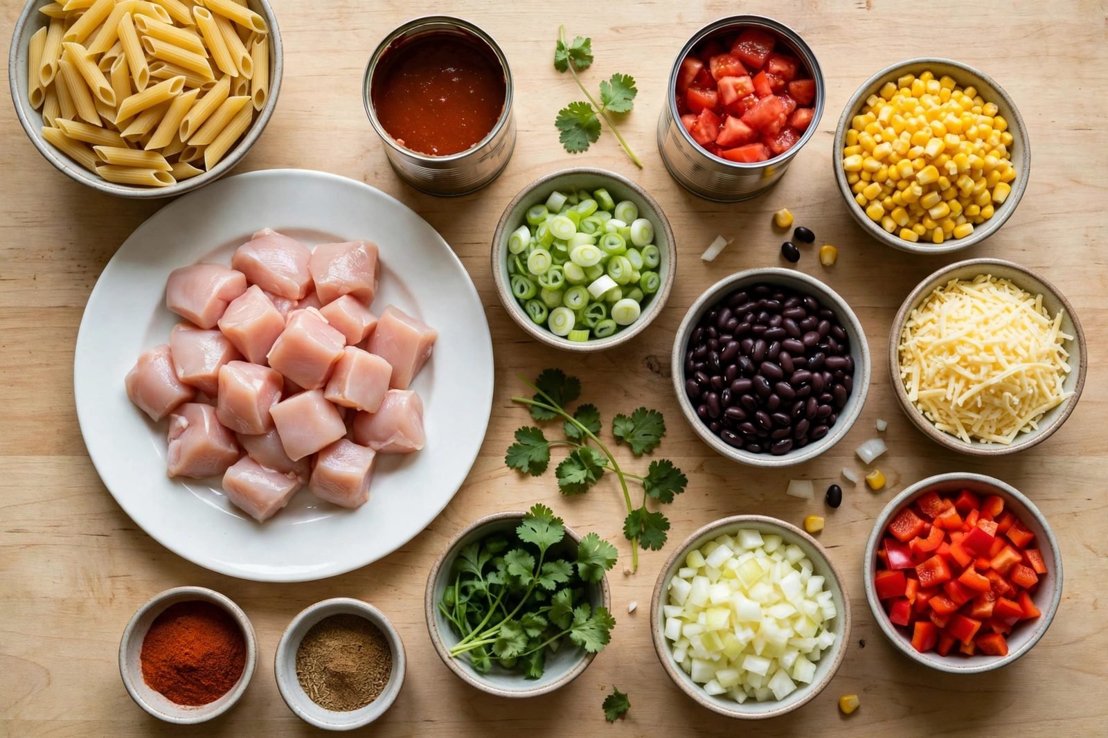 Overhead of raw chicken pieces, uncooked penne, enchilada sauce can, diced tomatoes, black beans, corn, shredded cheese, onion, bell pepper, green onions on a counter.