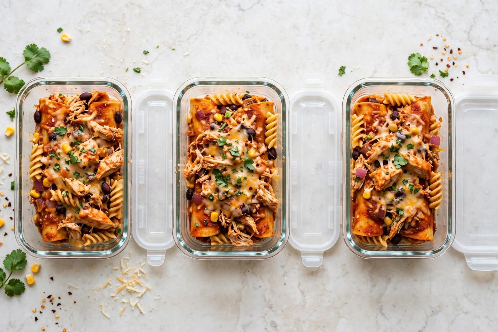 Overhead of glass meal-prep containers filled with enchilada pasta.