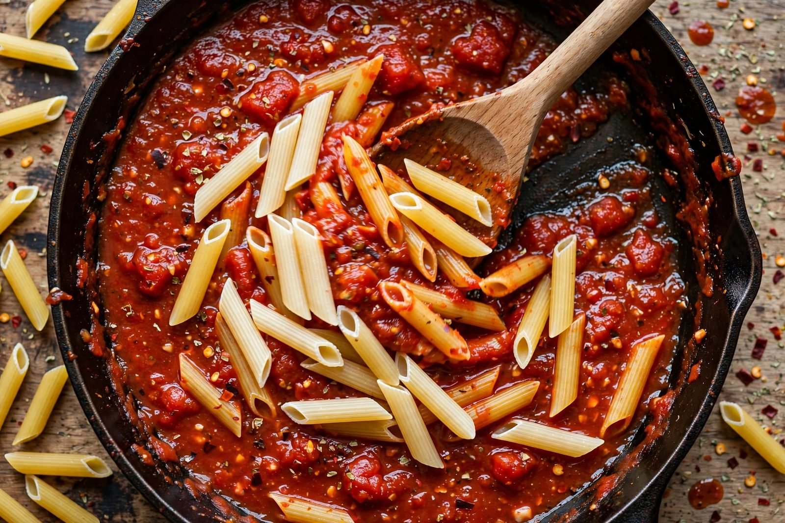 Overhead of uncooked penne being stirred into the red sauce.