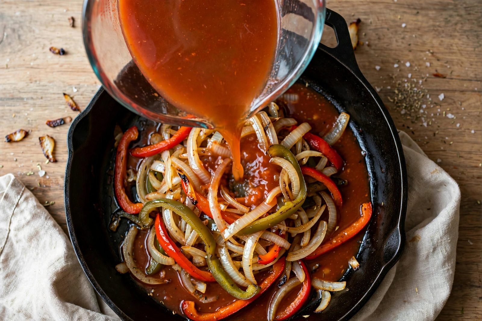 Overhead of red enchilada sauce and broth being poured into the skillet.