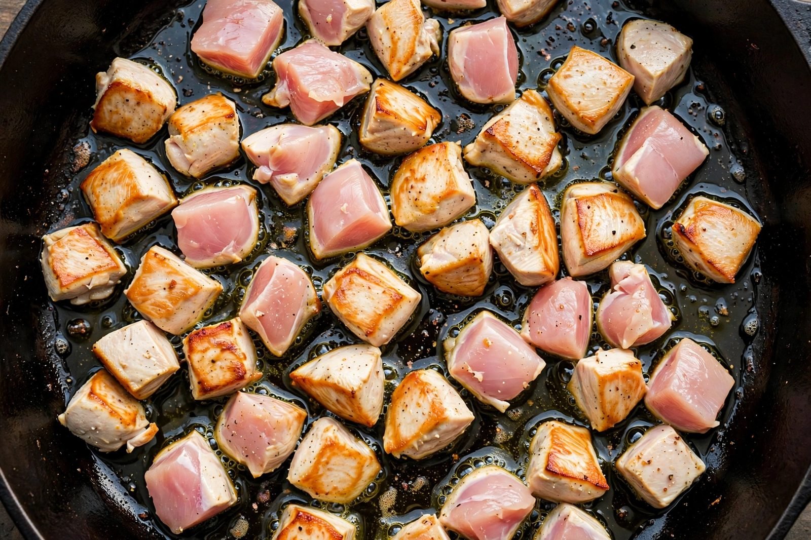 Overhead of bite-size chicken pieces searing golden in a hot deep skillet.