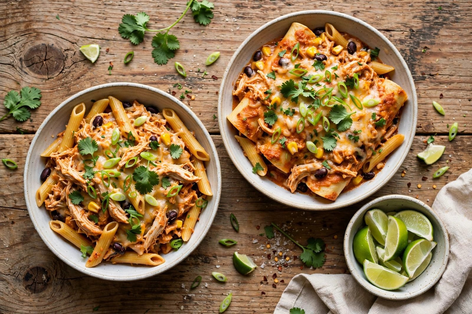 Overhead of two bowls of enchilada pasta topped with green onions and cilantro.
