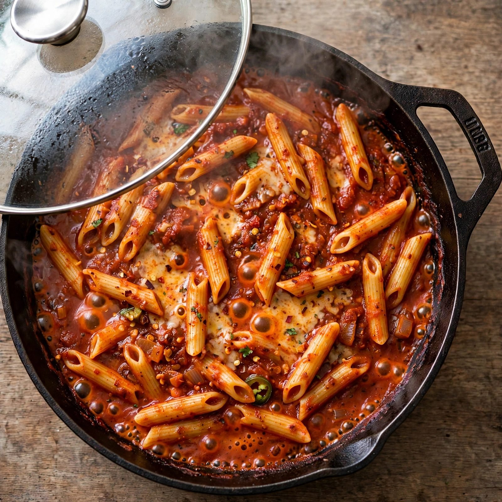 Overhead of the pot simmering with the lid slightly ajar, steam rising, red sauce bubbling around penne.