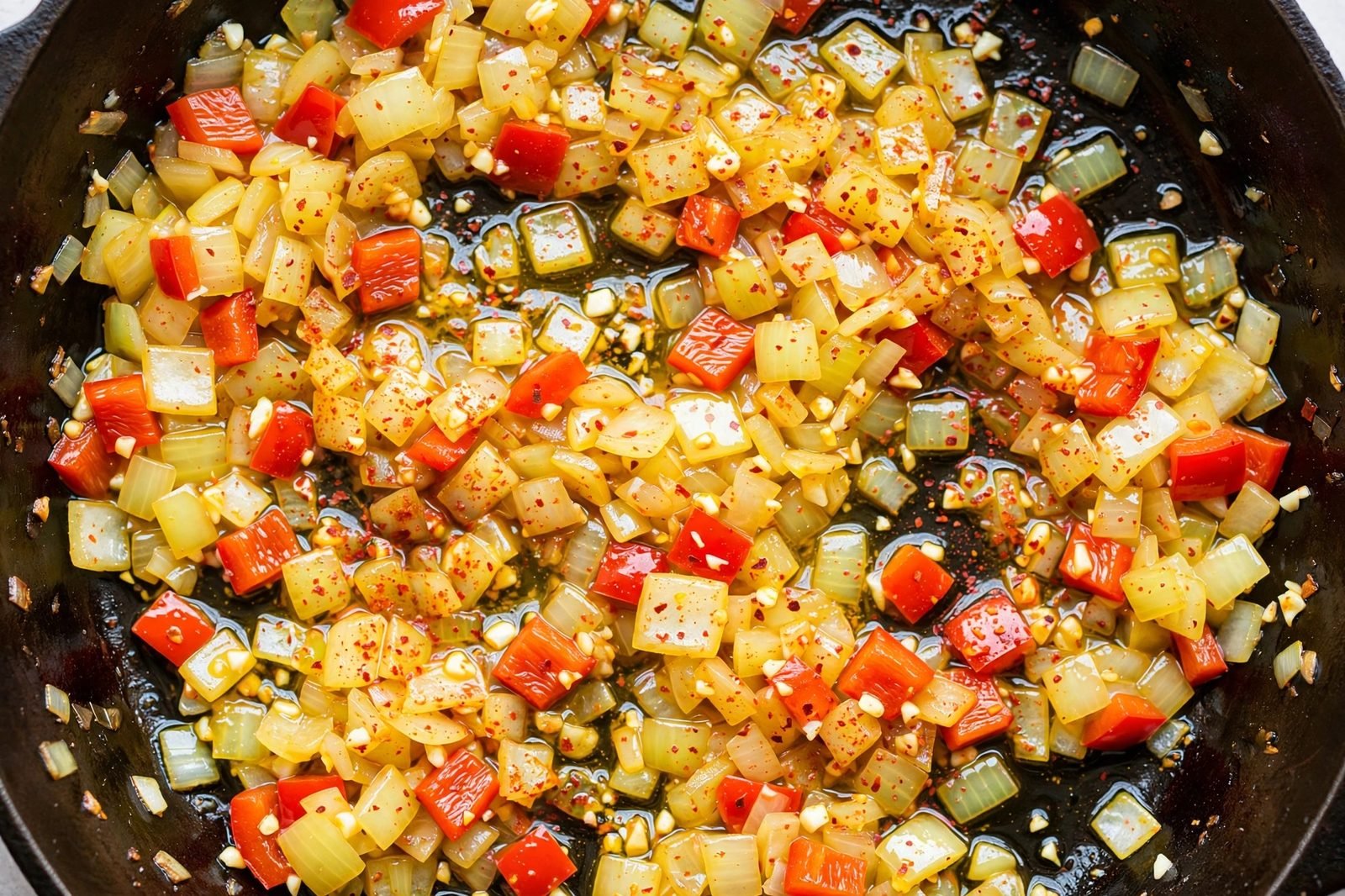 Overhead of diced onion and bell pepper softening in the skillet with red enchilada seasoning.