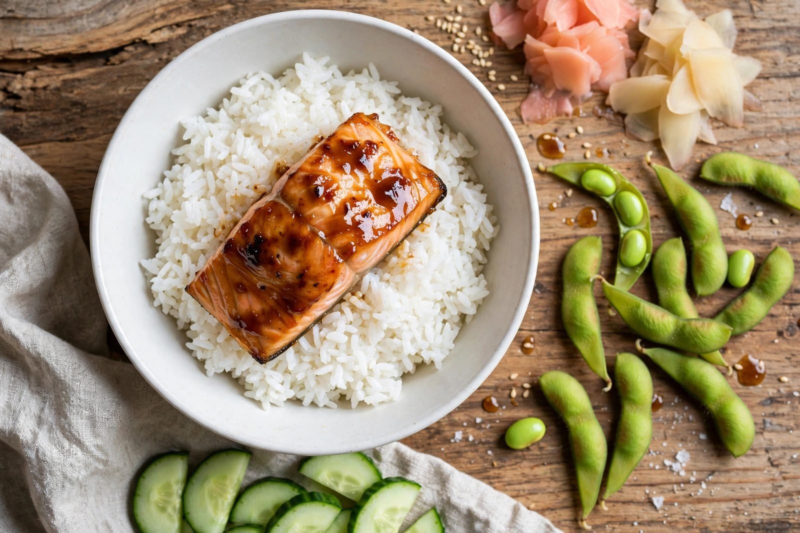 Overhead of a rice bowl mid-assembly with salmon fillet, edamame, cucumber, and pickled ginger arranged around it.