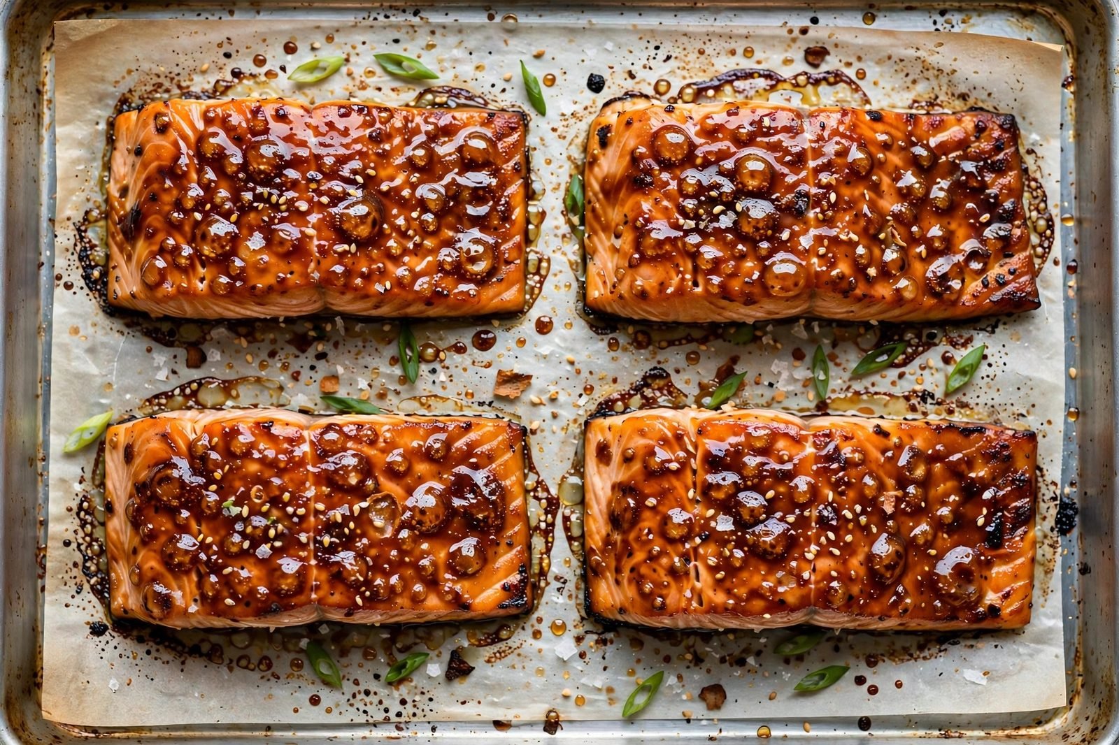 Overhead of salmon fillets with bubbly caramelized miso glaze on a sheet pan, fresh from the broiler.