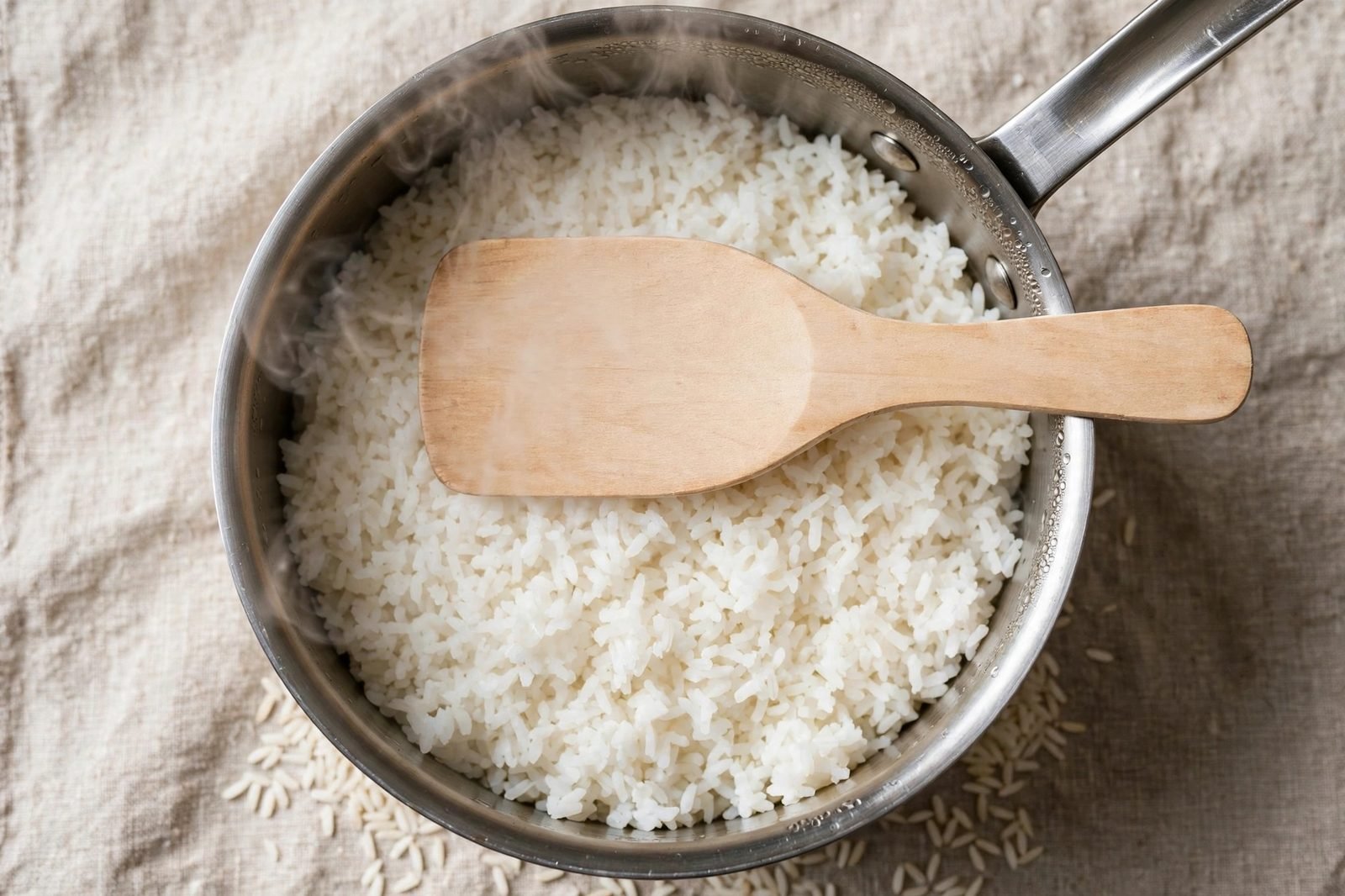 Overhead of a pot of steaming white rice with a serving paddle.