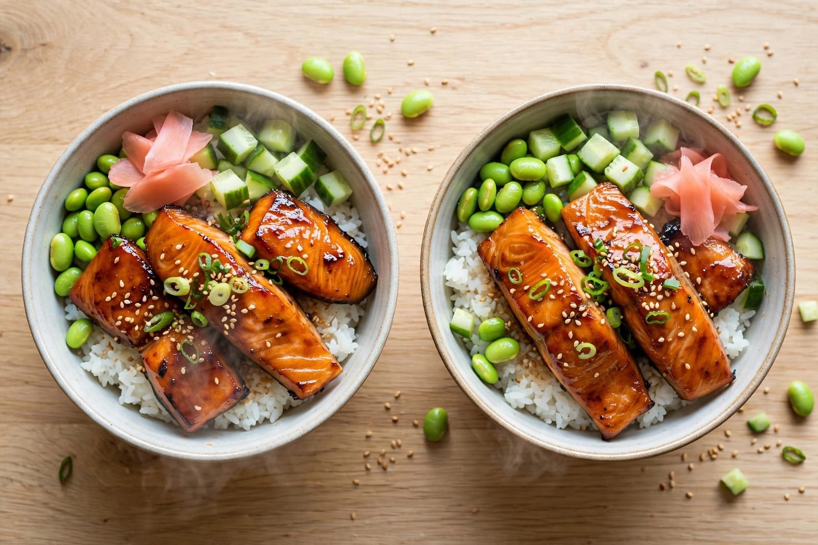 Overhead of two finished miso glazed salmon bowls: rice topped with caramelized miso-glazed salmon fillets, edamame, diced cucumber, pickled ginger, scallions, sesame seeds.