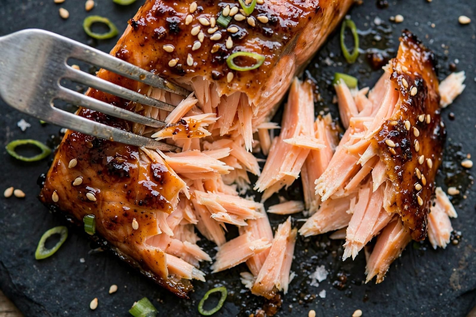Overhead close-up of a fork flaking a caramelized miso salmon fillet, showing flaky interior.
