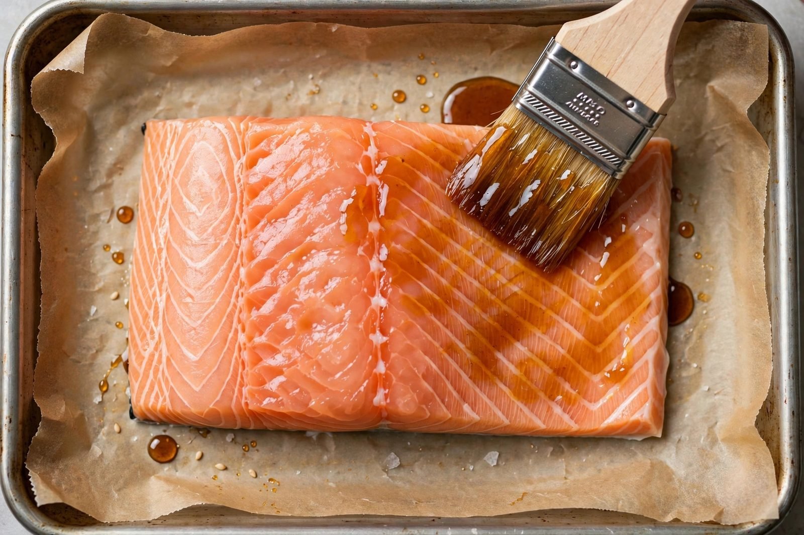 Overhead close-up of a pastry brush spreading miso glaze over a raw salmon fillet.