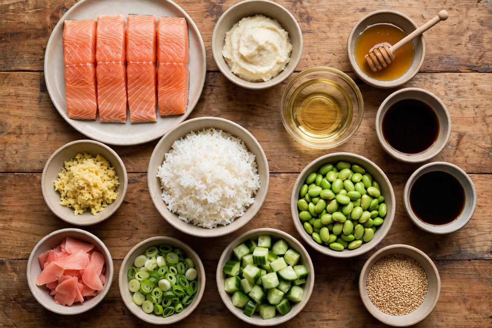 Overhead of raw salmon fillets, white miso paste, mirin, soy sauce, honey, grated ginger, cooked rice, edamame, cucumber, pickled ginger, scallions, sesame seeds on a counter.