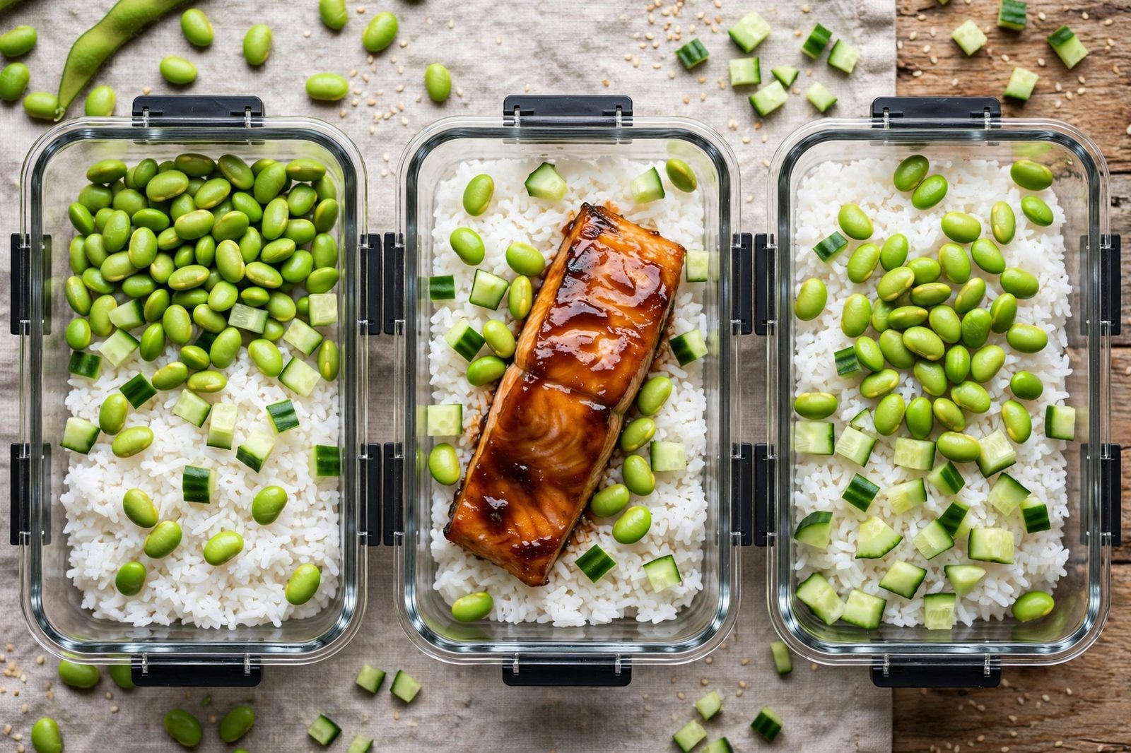 Overhead of glass meal-prep containers filled with rice, miso salmon, edamame, and cucumber.