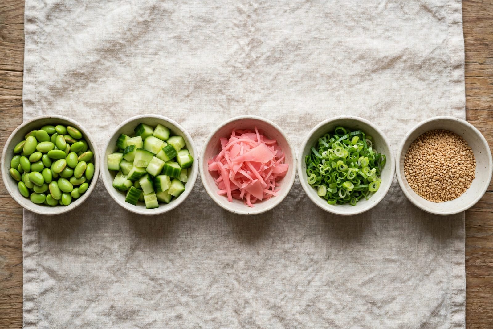 Overhead of small bowls of shelled edamame, diced cucumber, pickled ginger, sliced scallions, sesame seeds.