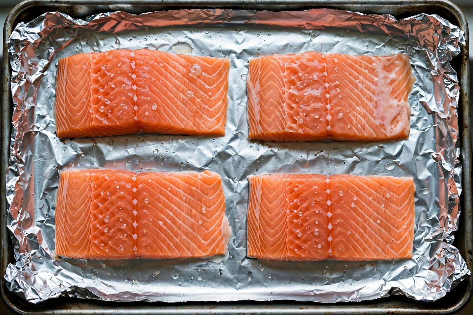 Overhead of raw salmon fillets arranged on a foil-lined sheet pan before glazing.