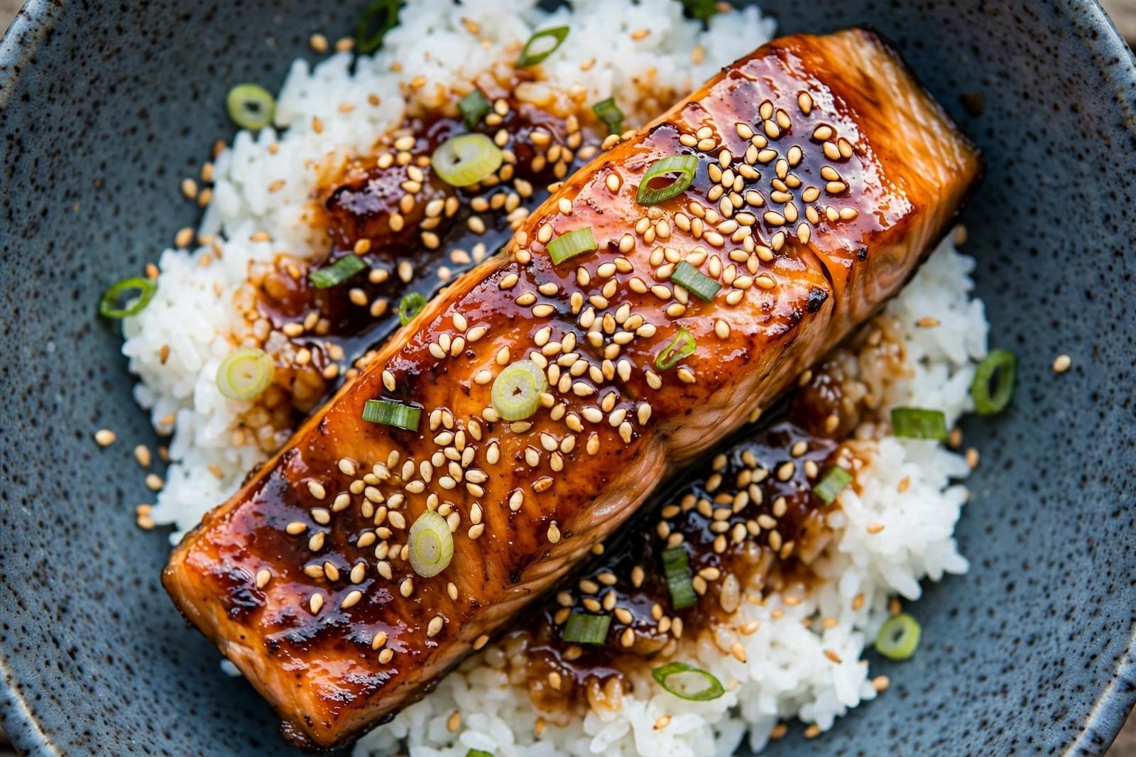 Overhead close-up of a finished miso glazed salmon bowl with sesame seeds and scallions scattered over the glossy glaze.