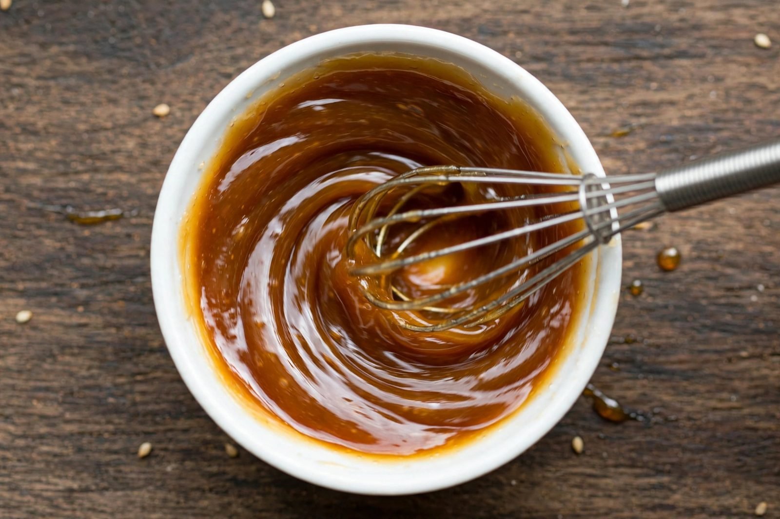 Overhead of glossy white miso glaze being whisked in a small bowl.