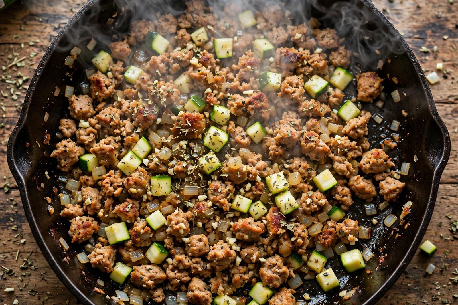 Overhead of onion, garlic, chopped zucchini flesh, and Italian herbs cooking with the turkey.