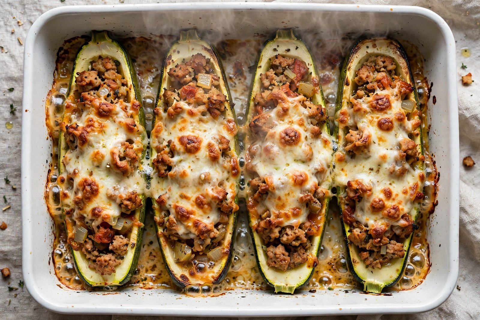 Overhead of baked boats with golden browned cheese, in the dish.