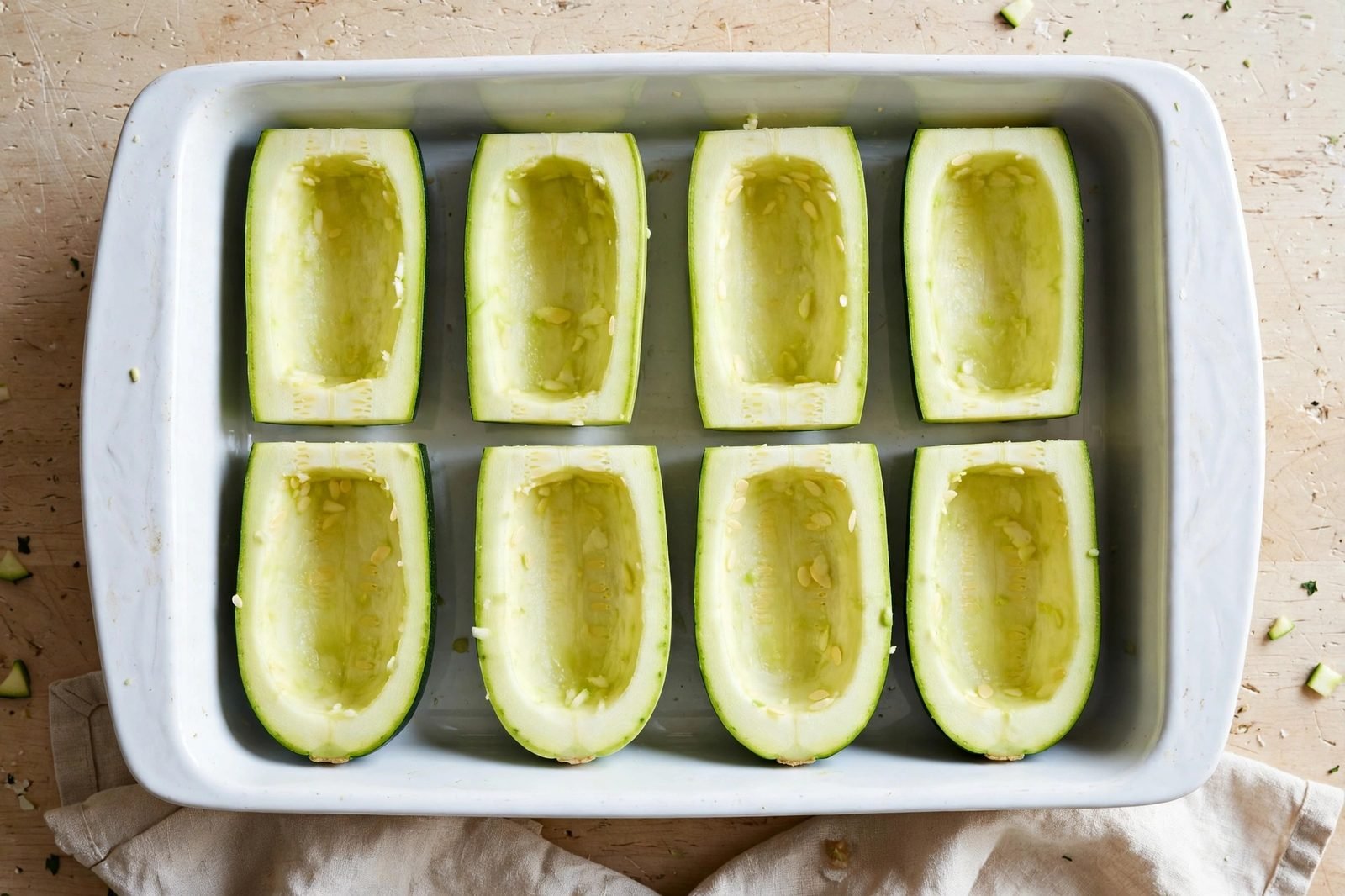 Overhead of hollowed zucchini shells arranged in a 9x13 baking dish.