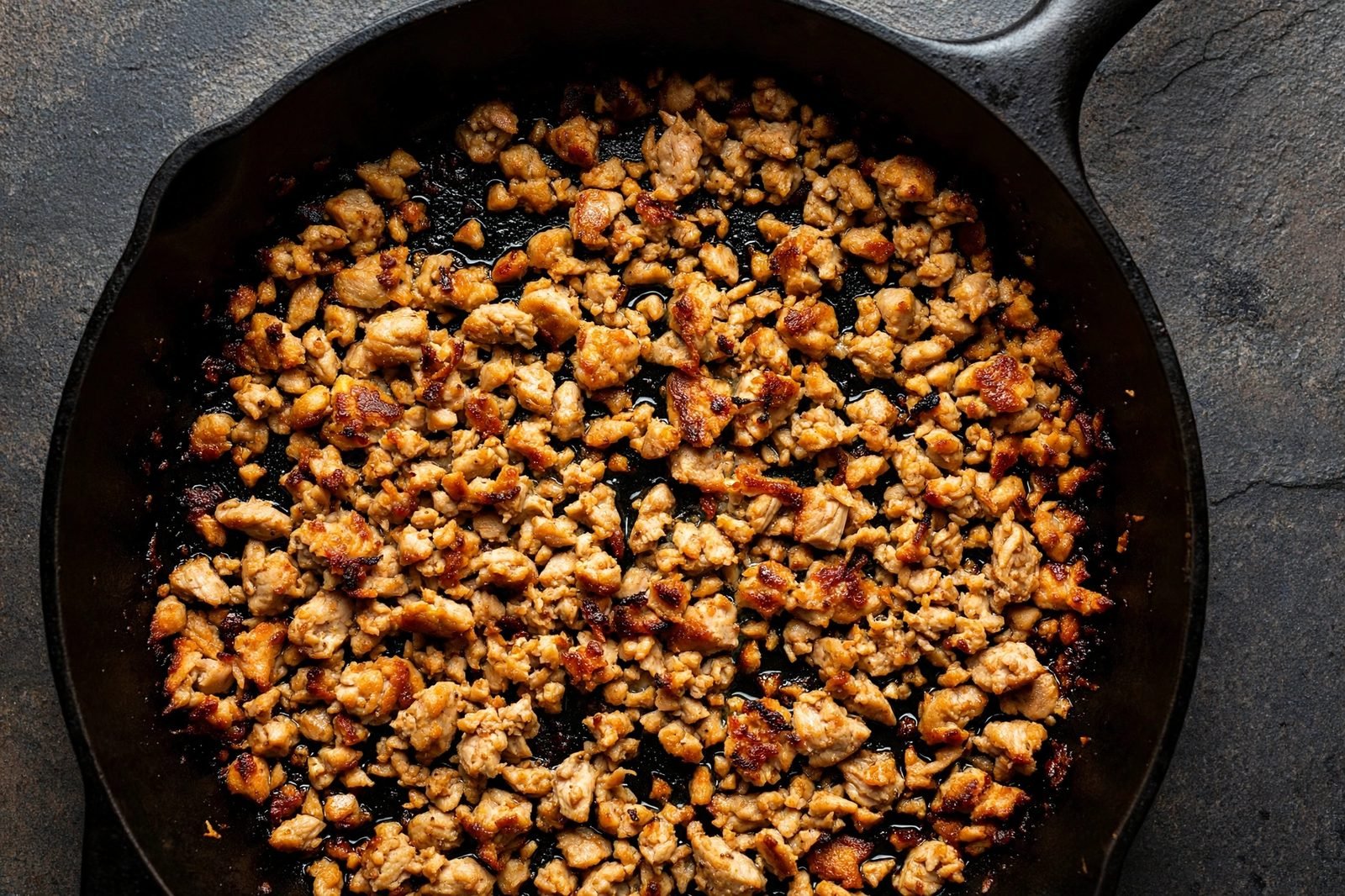Overhead of ground turkey browning in crumbles in a hot skillet.
