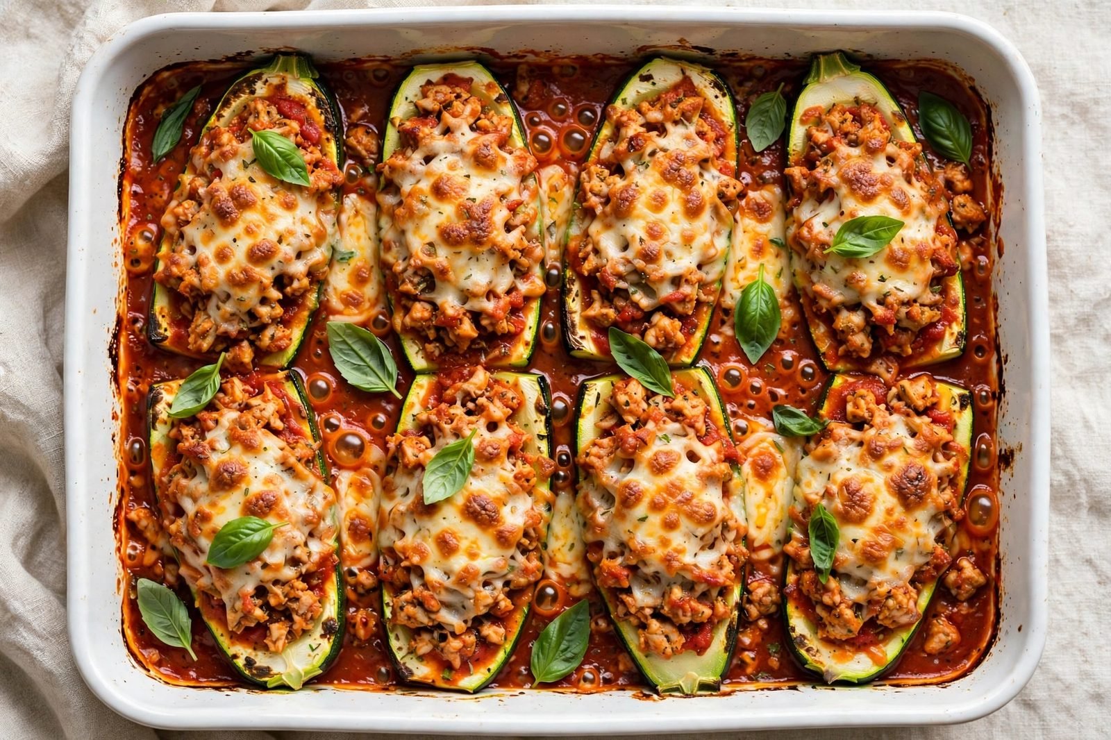 Overhead of finished zucchini boats in the baking dish: golden melted mozzarella, basil, bubbling marinara filling.