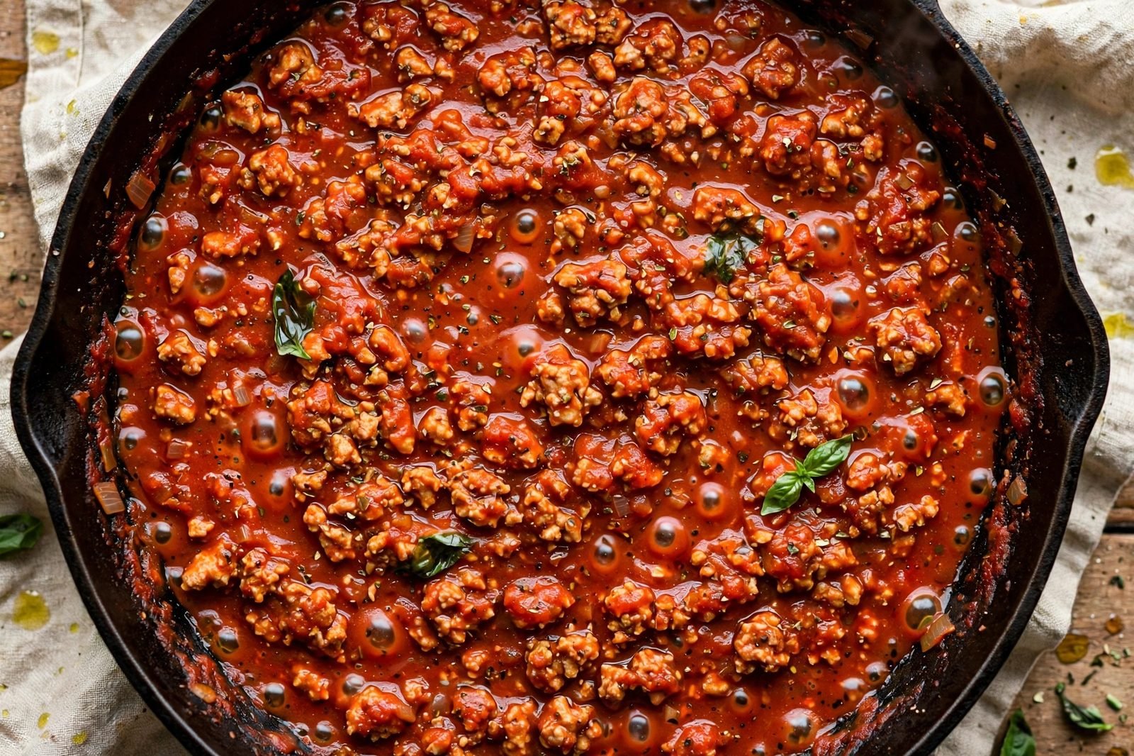 Overhead of the thick turkey-marinara filling simmering in the skillet.