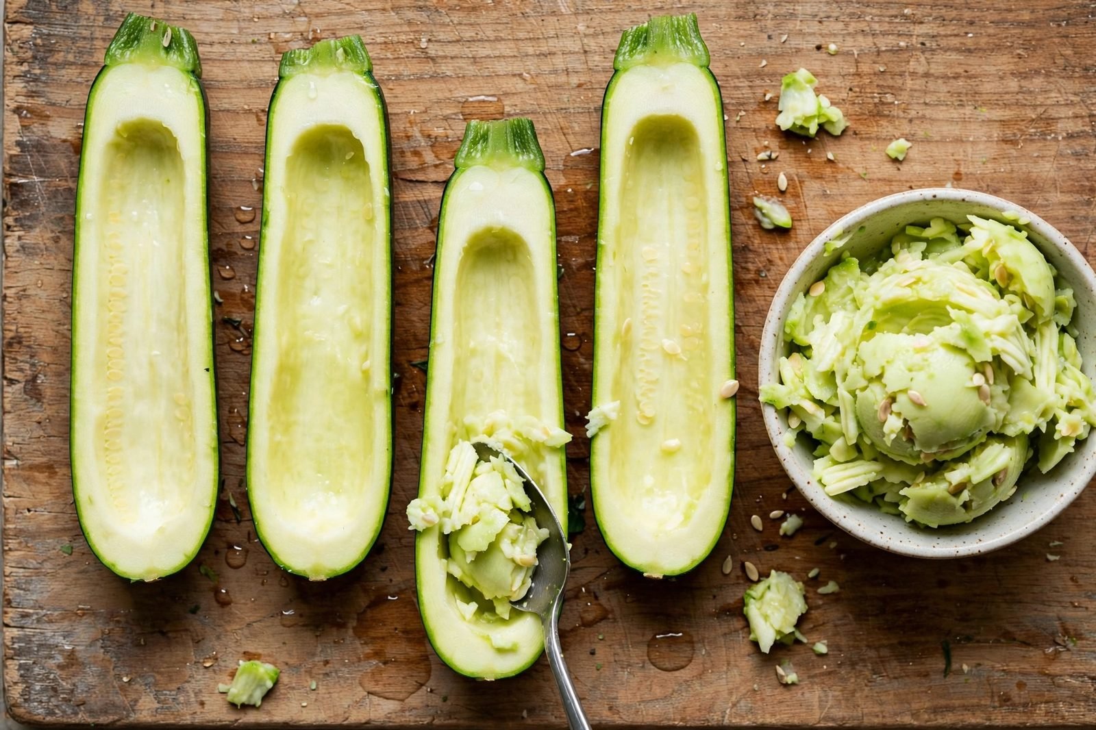 Overhead of zucchini halves being scooped with a spoon, scooped flesh in a bowl.