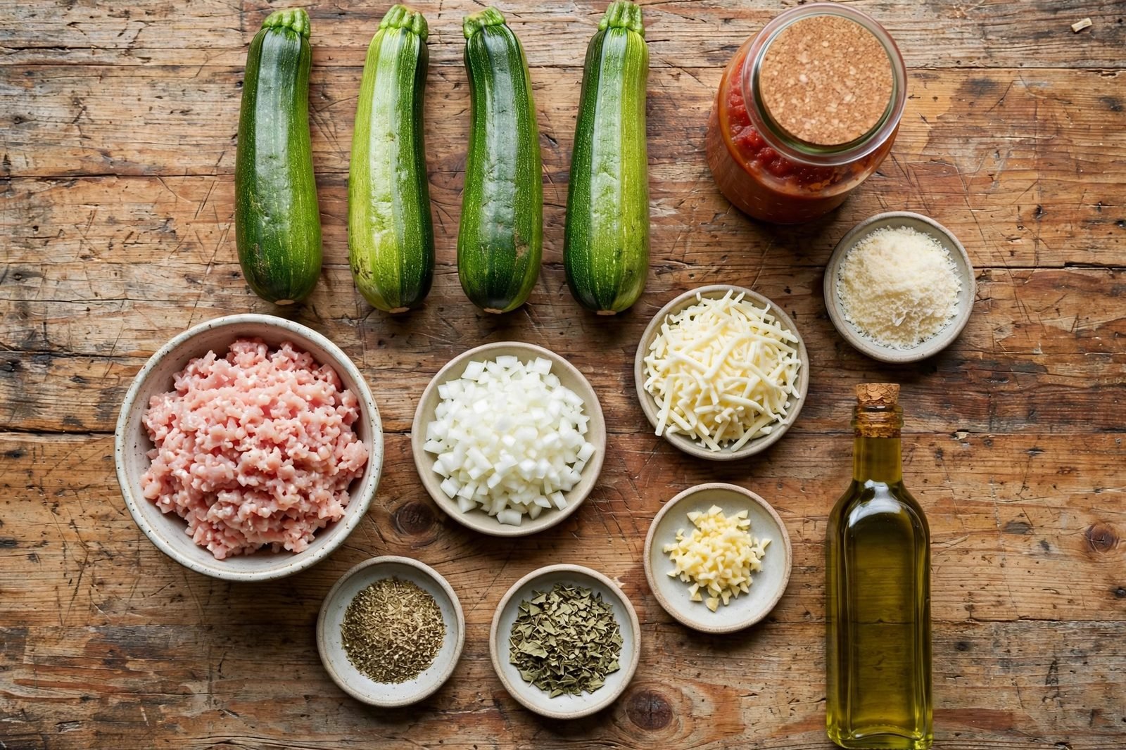 Overhead of halved zucchini, ground turkey, onion, garlic, marinara, cheeses, herbs arranged on a counter.
