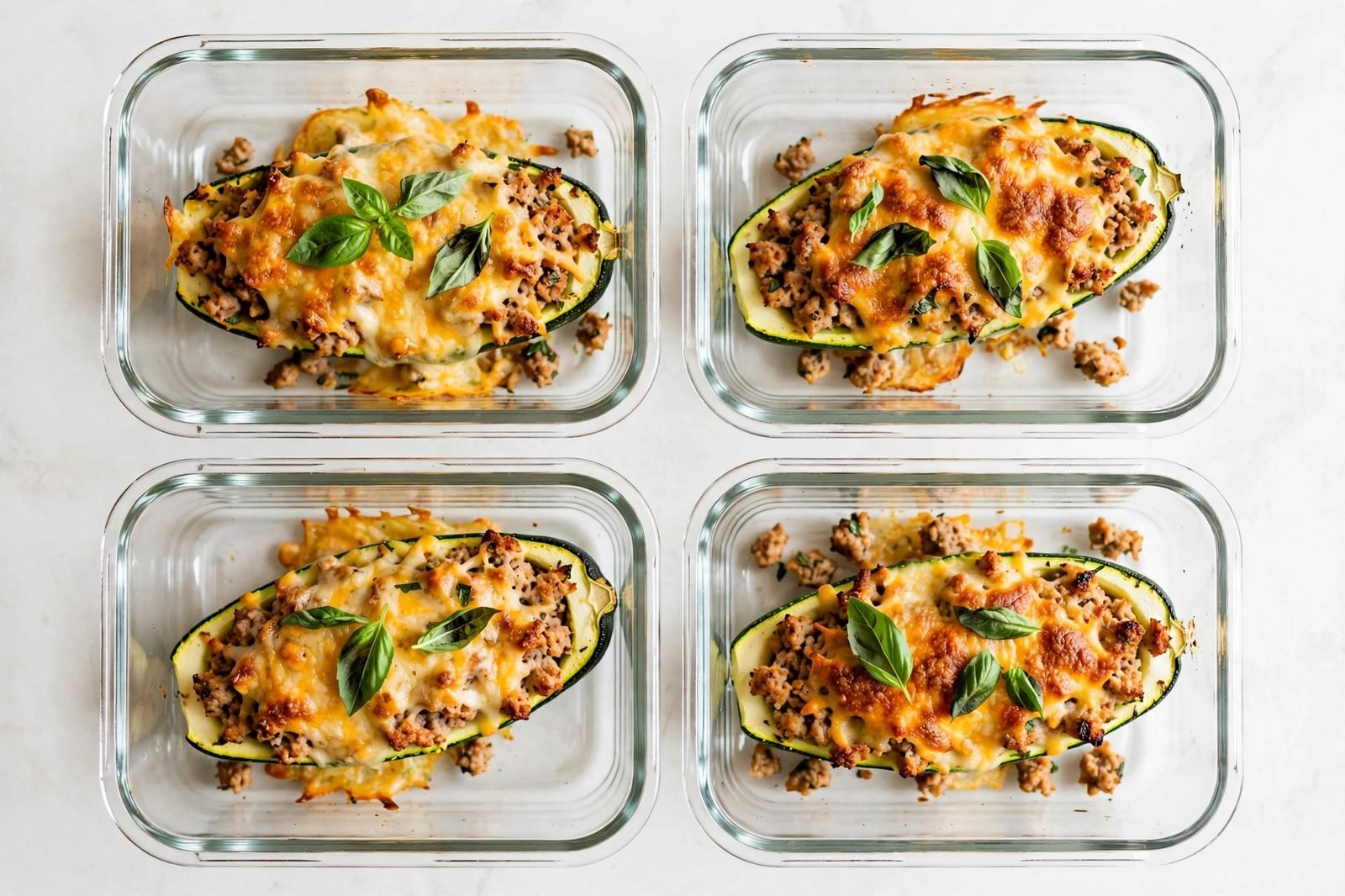 Overhead of glass meal-prep containers each with a zucchini boat.