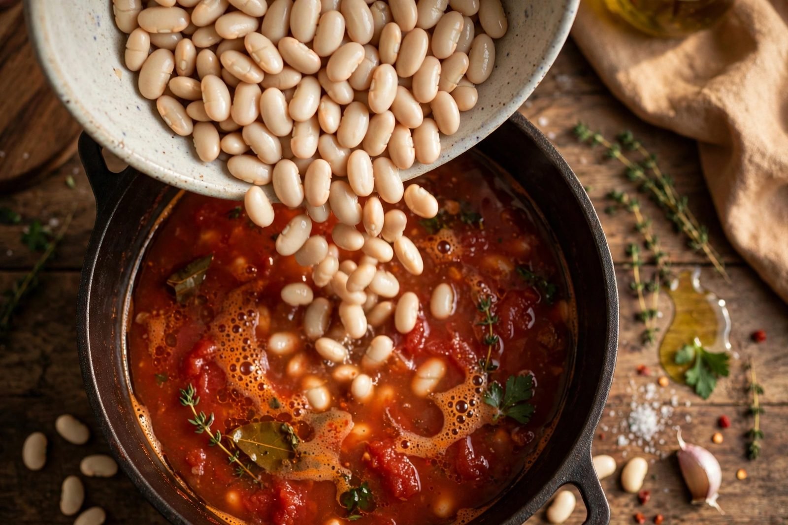 Overhead of drained cannellini beans being added to the simmering soup.