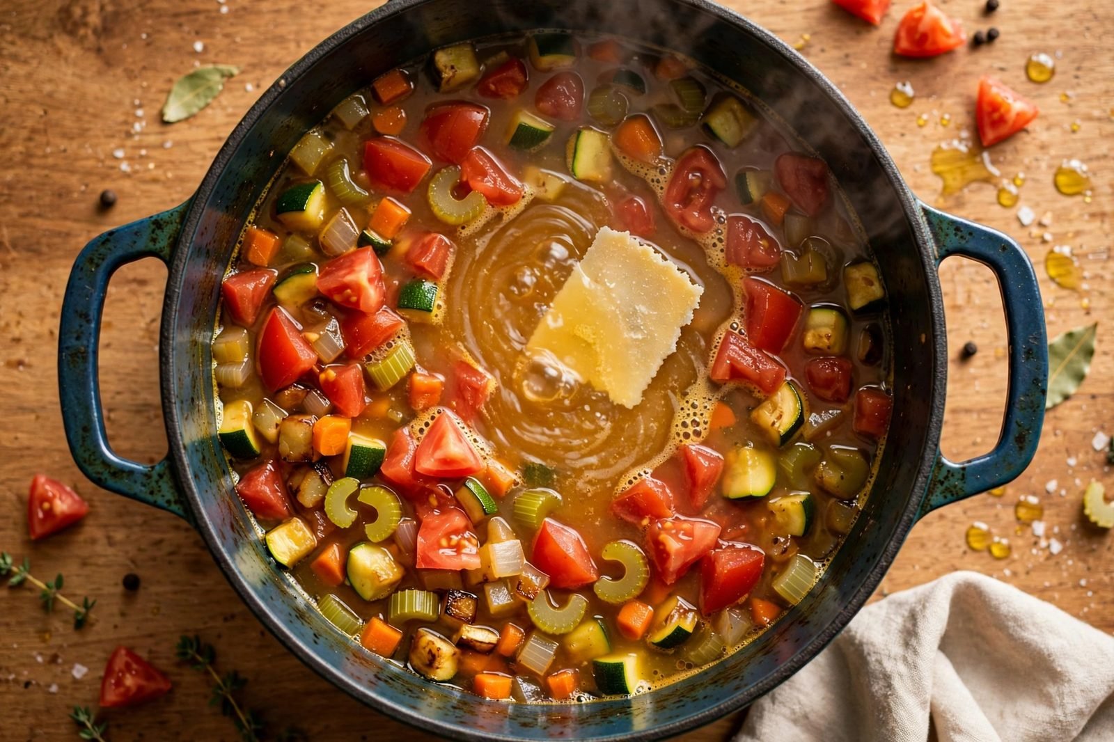Overhead of diced tomatoes and broth poured into the pot with the Parmesan rind visible.