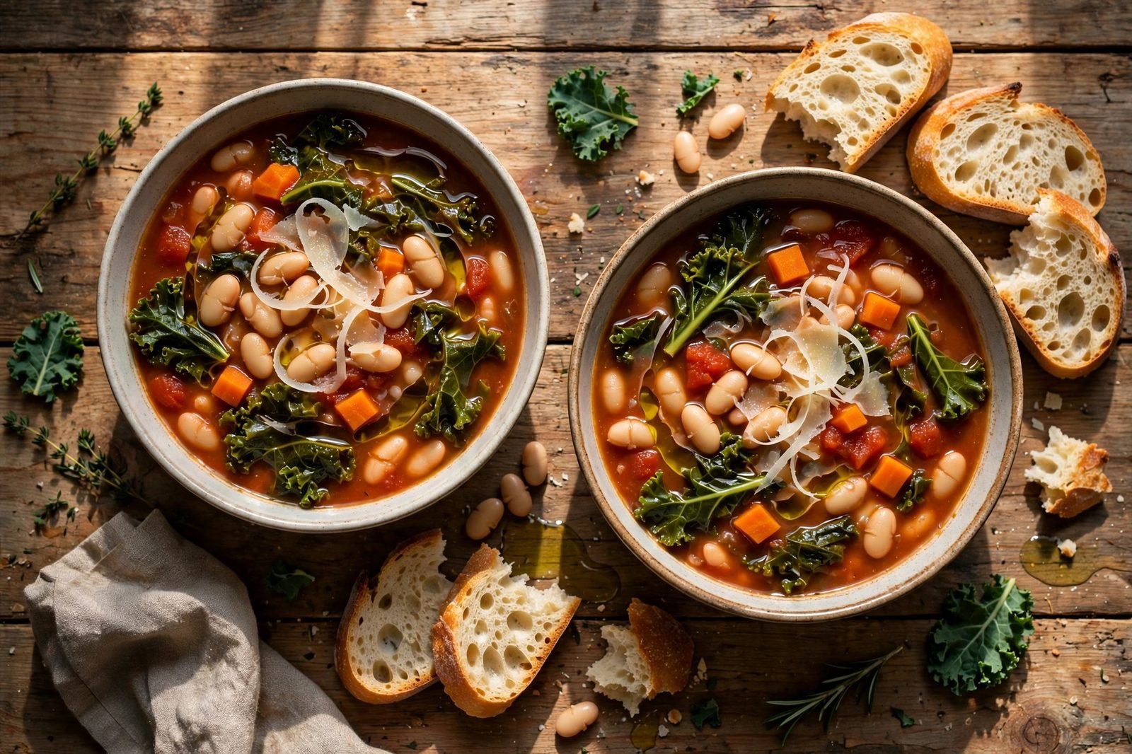 Overhead of two bowls of tuscan white bean and kale soup, beans, kale, carrots, tomato broth, parmesan shavings, olive oil drizzle, crusty bread beside.