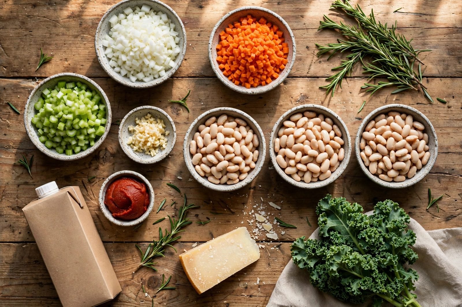 Overhead of diced onion, carrots, celery, garlic, tomato paste, rosemary, cannellini beans, kale bunch, parmesan rind, broth carton on a counter.