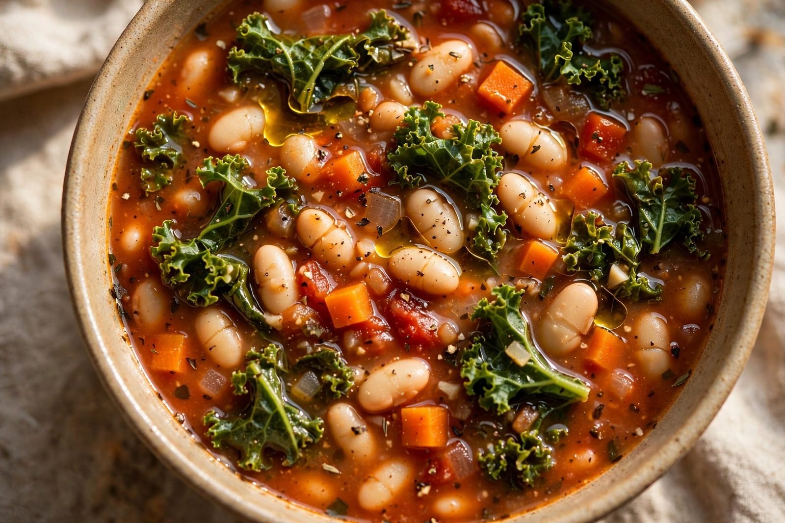 Overhead close-up of tender kale, beans, and carrots in the finished soup.
