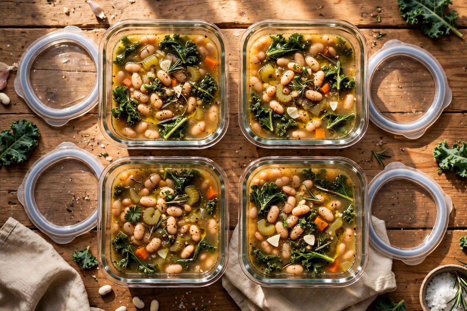 Overhead of glass meal-prep containers filled with the soup.