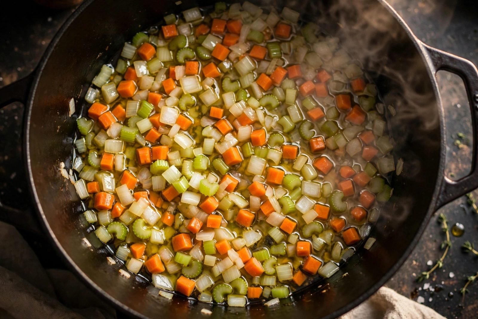 Overhead of diced onion, carrots, and celery softening in olive oil in a Dutch oven.