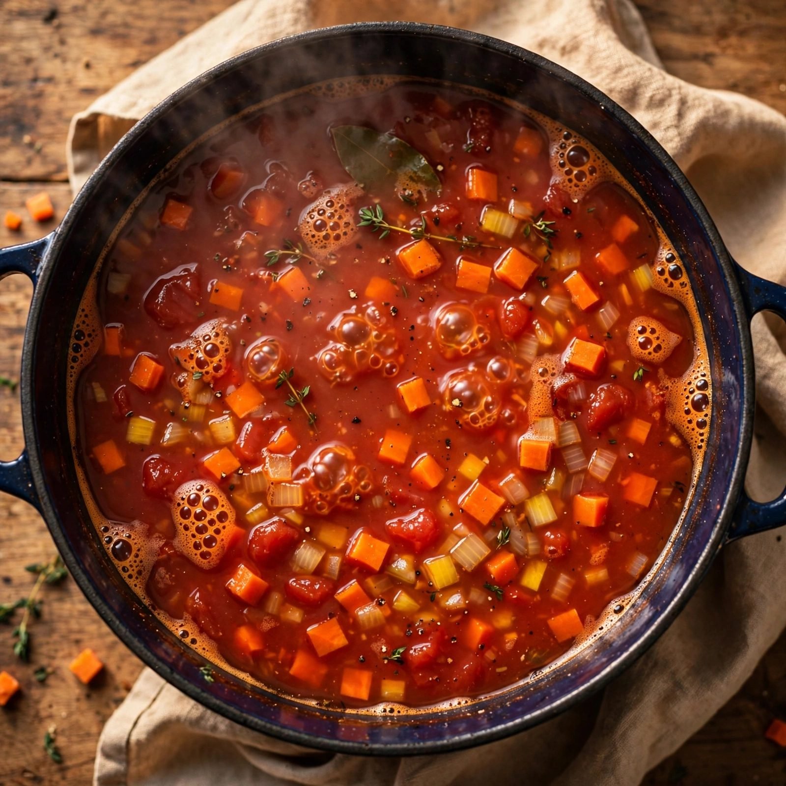 Overhead of the soup simmering gently, tomato broth with vegetables.