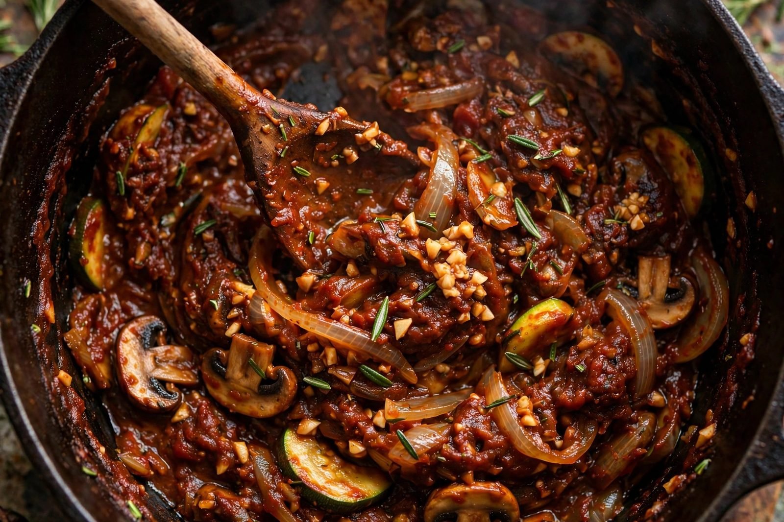 Overhead close-up of tomato paste, garlic, and rosemary stirred into the vegetables, slightly darkened.