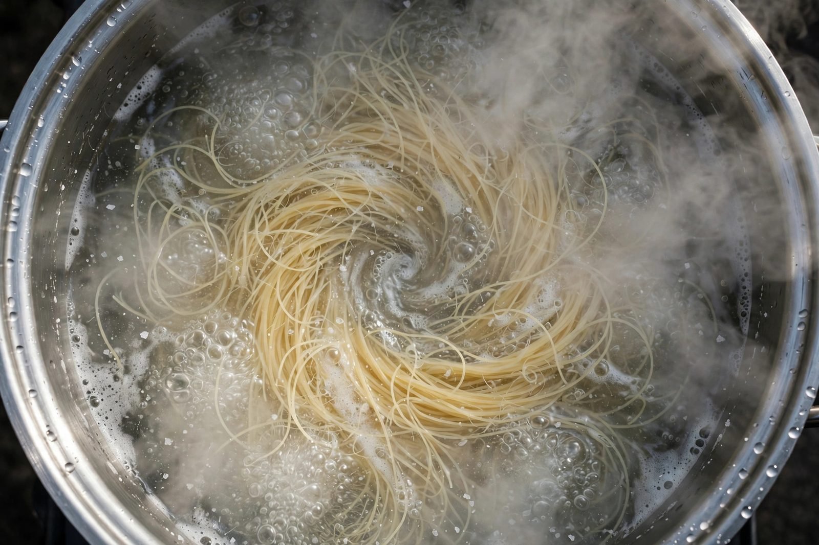 Overhead of angel hair pasta cooking in a large pot of boiling water.