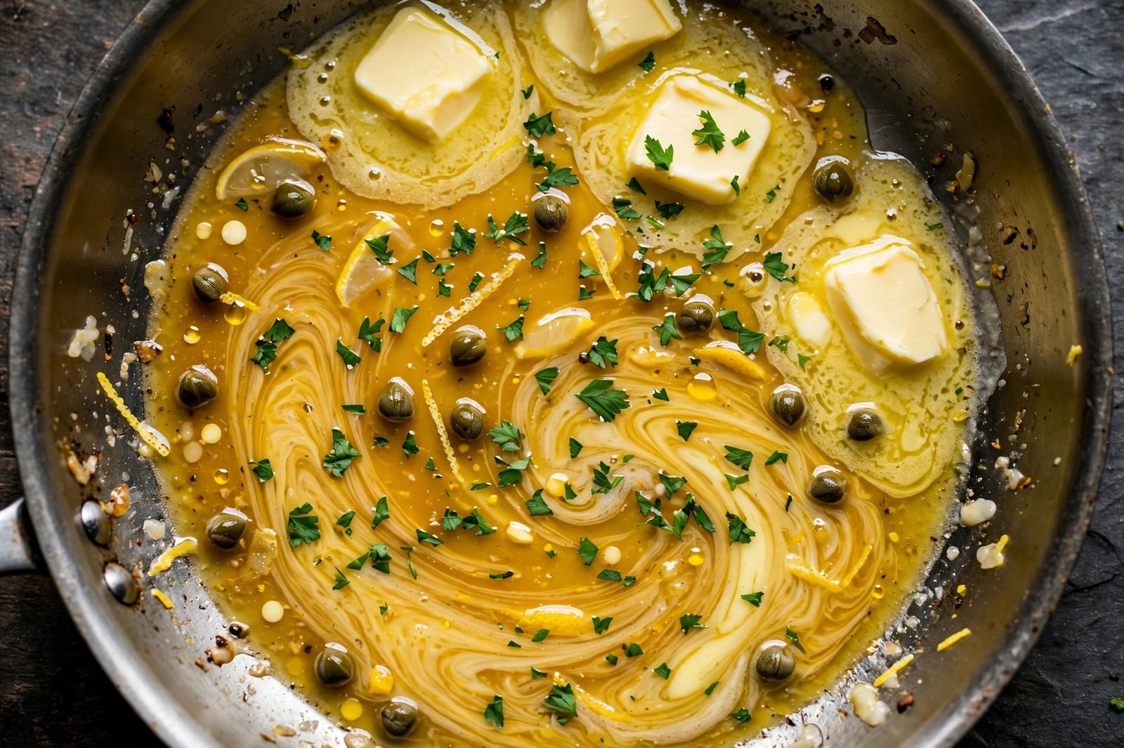 Overhead of cold butter pieces melting into the sauce off the heat, glossy.