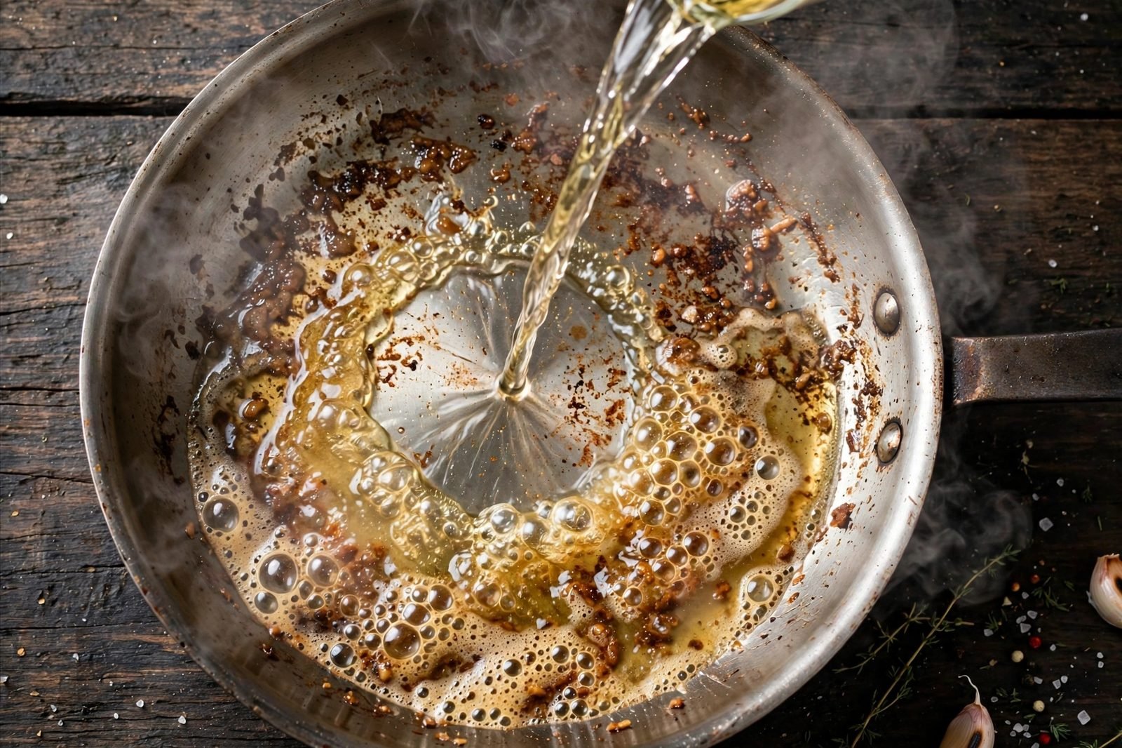 Overhead of white wine being poured into the skillet with browned bits lifting.