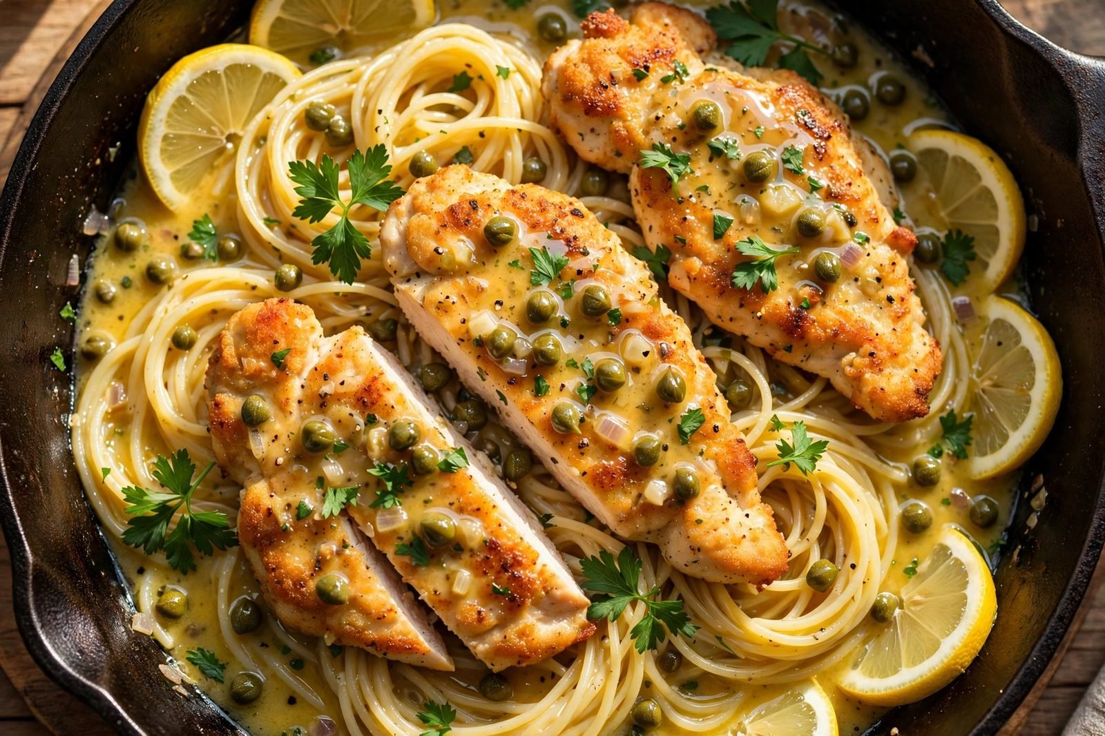 Overhead of golden chicken piccata cutlets in lemon caper sauce over angel hair in a skillet, parsley, lemon slices.