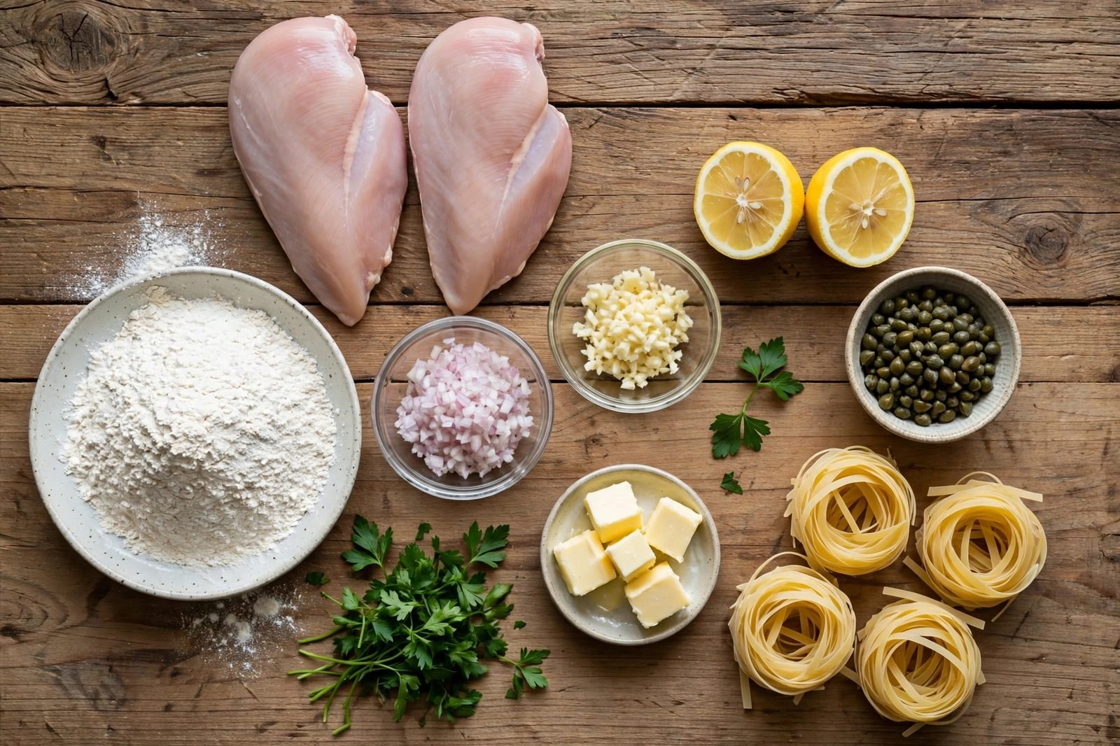Overhead of chicken breasts, flour, shallot, garlic, lemon, capers, butter, angel hair, parsley arranged on a counter.
