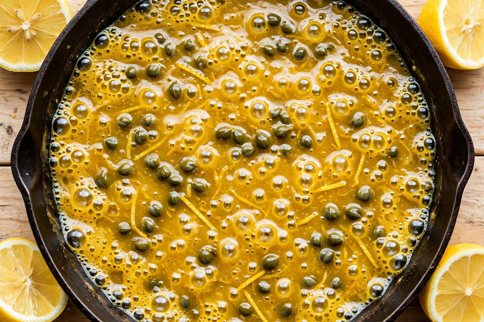 Overhead of lemon juice and capers added to the simmering sauce.