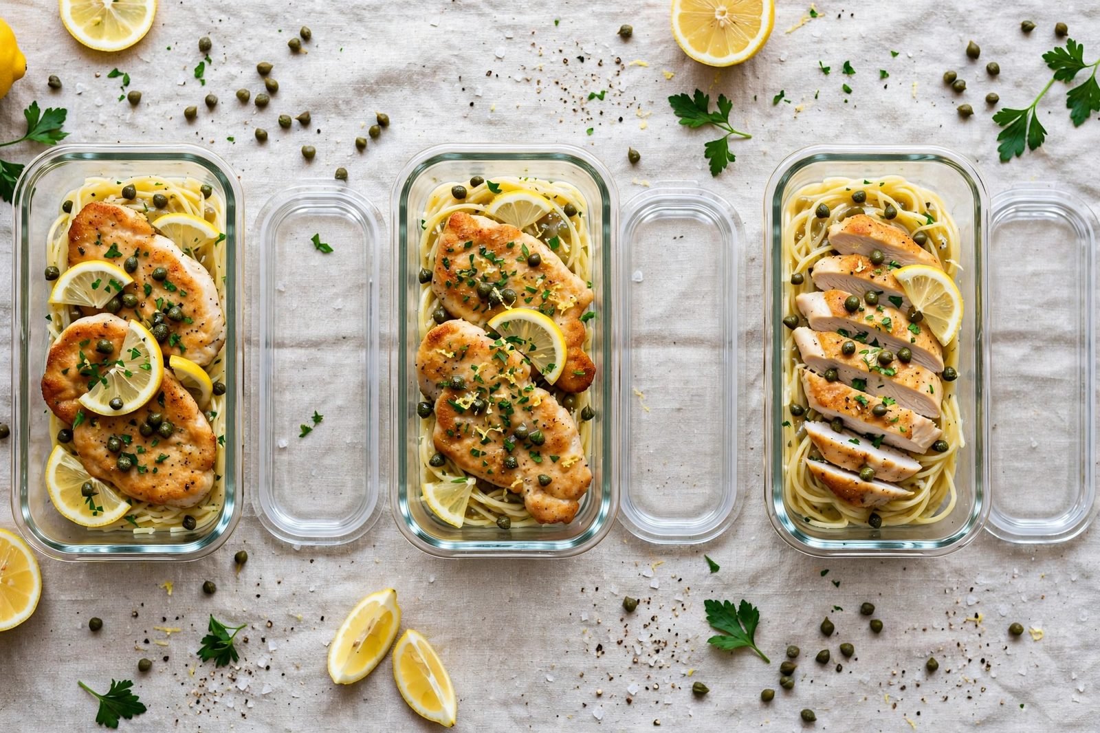 Overhead of glass meal-prep containers with chicken piccata and angel hair.