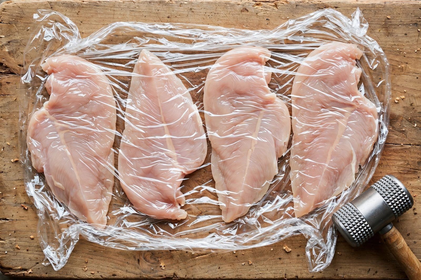 Overhead of chicken cutlets between plastic wrap being pounded thin on a cutting board.
