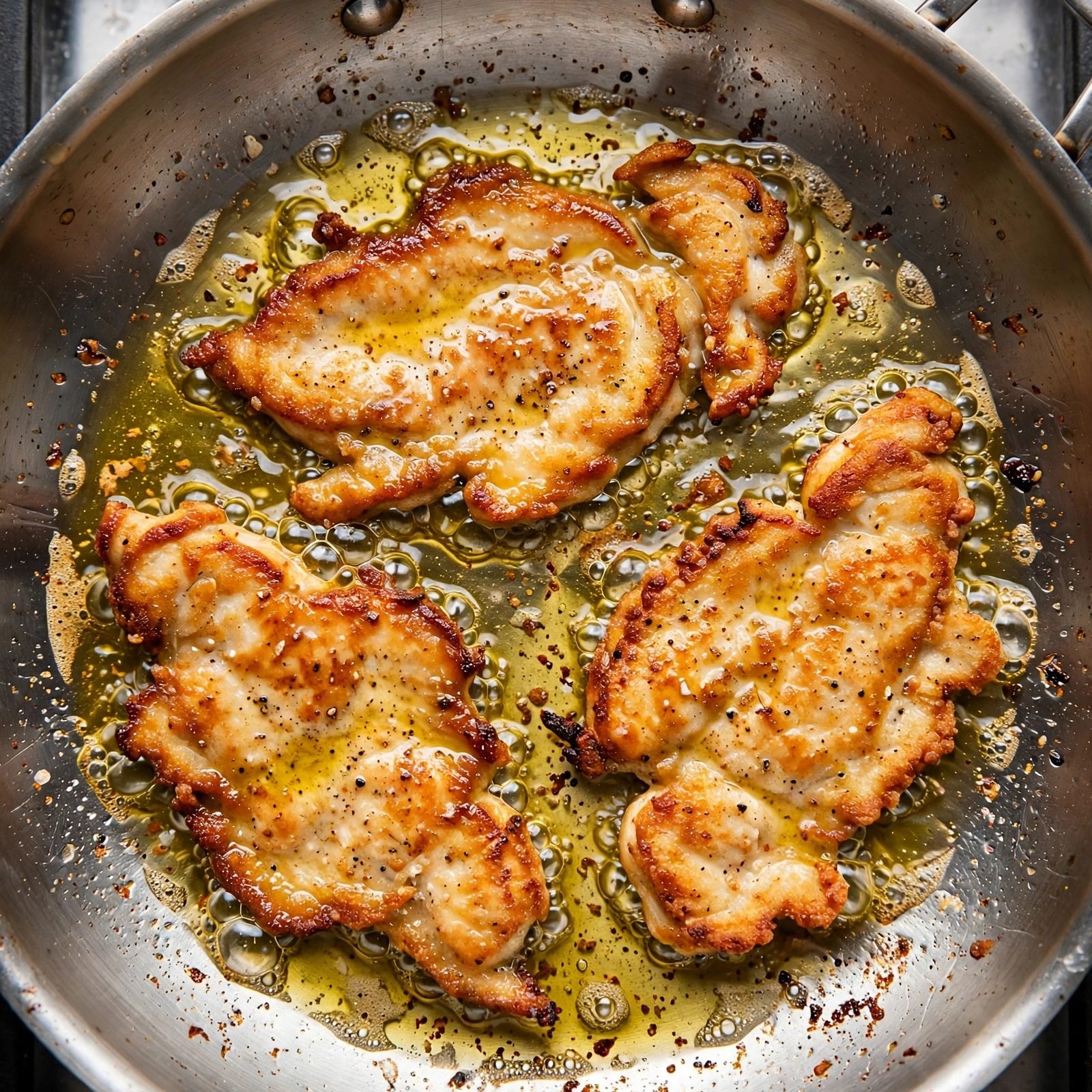 Overhead of chicken cutlets searing golden in a hot skillet.