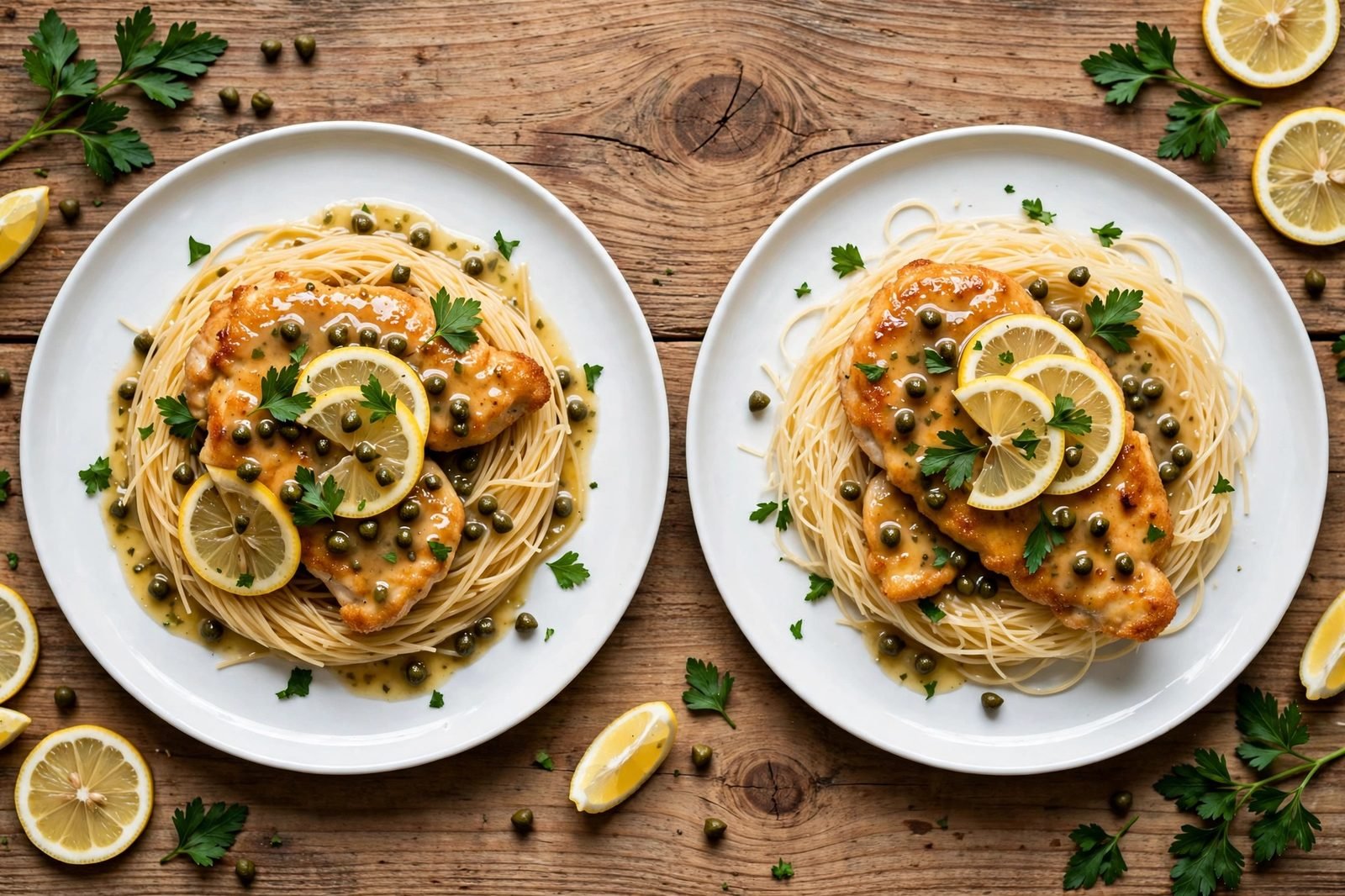Overhead of plated chicken piccata over angel hair with lemon slices and parsley.